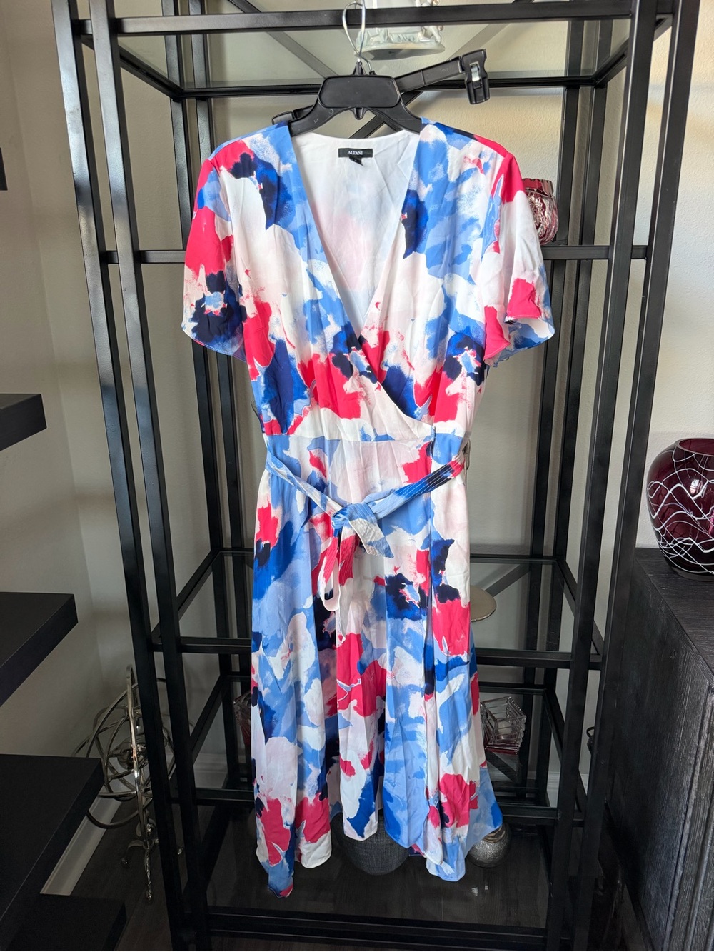 Alfani White Wrap Midi Dress with Blue & Pink Abstract Floral